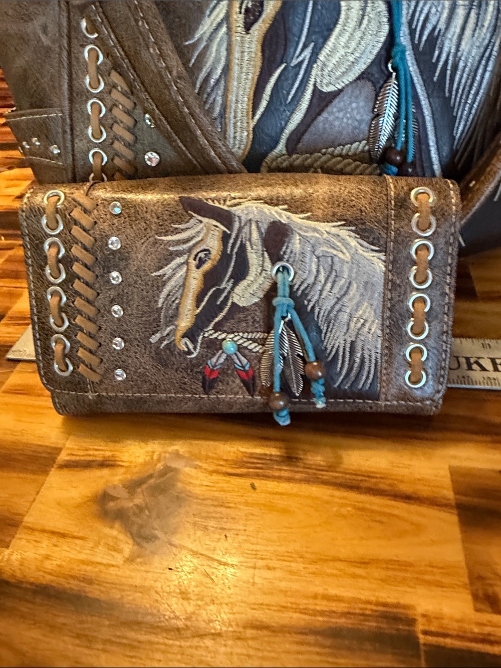 Brown Embroidered Horse Shoulder Bag with Wristlet - Picture 7 of 10